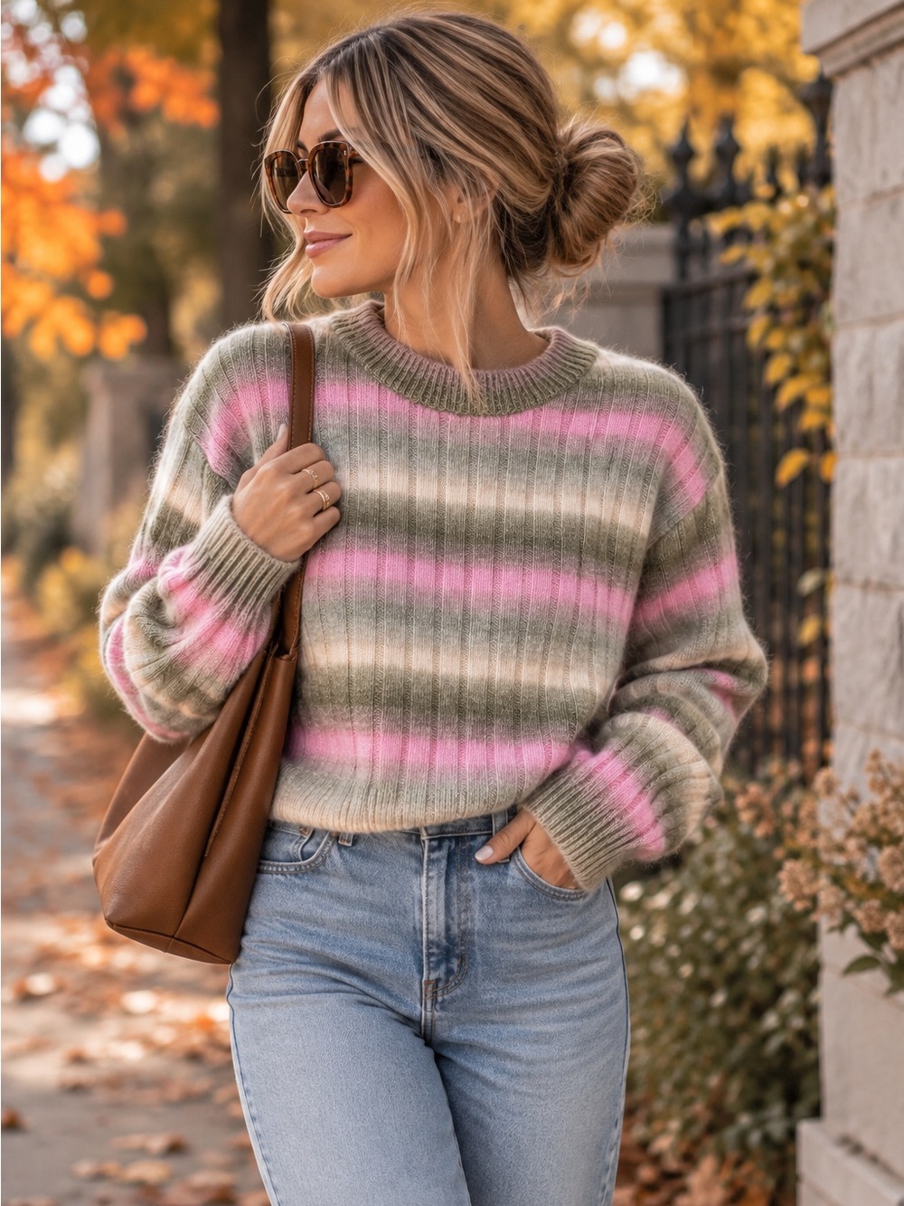 Divided by H&M Striped Knit Sweater Pink Olive Cream Size S